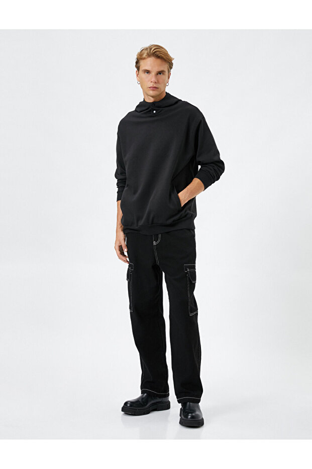 Hooded Sweat Snap Button Pocket Detailed High Collar Ribbed