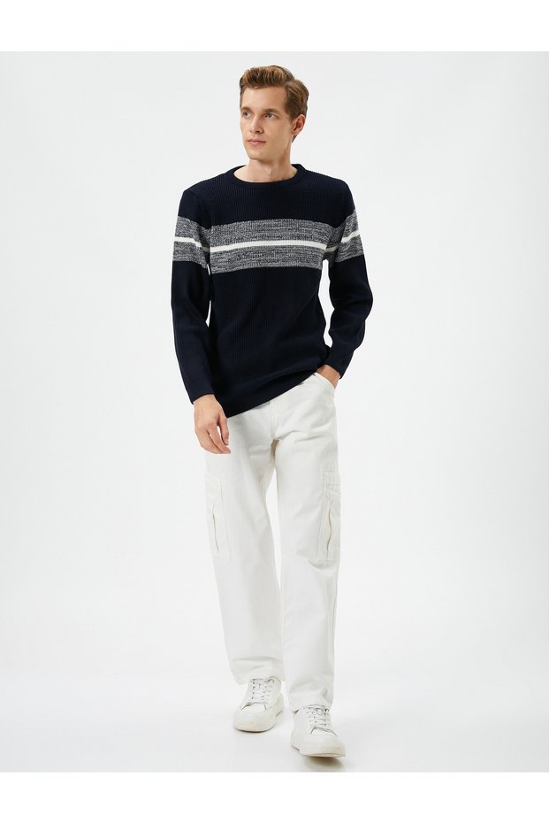 Crew Neck Pullover Slim Fit Color Blocked Long Sleeve