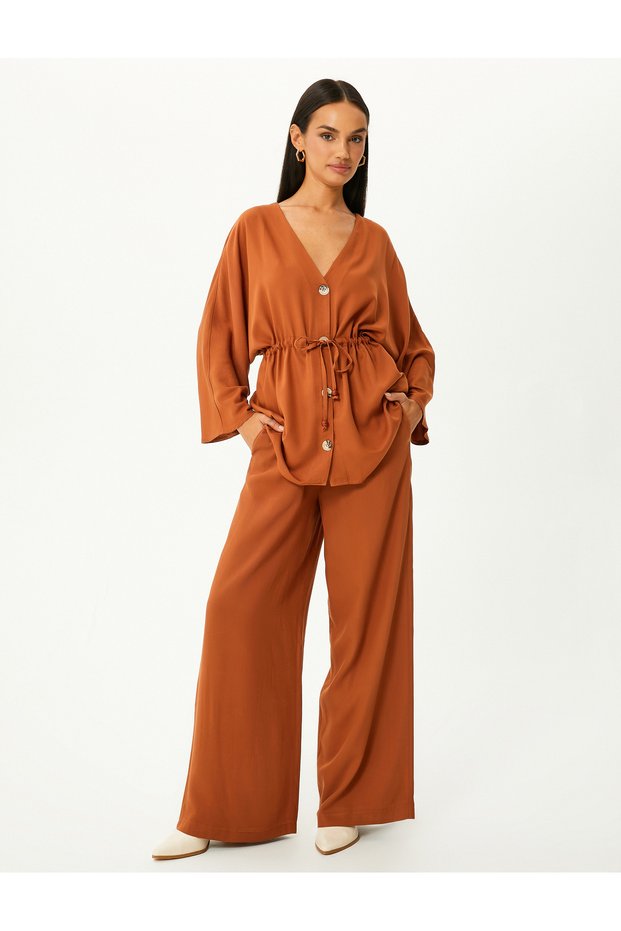 Kimono Wide Sleeves Buttoned V-Neck Tied Waist