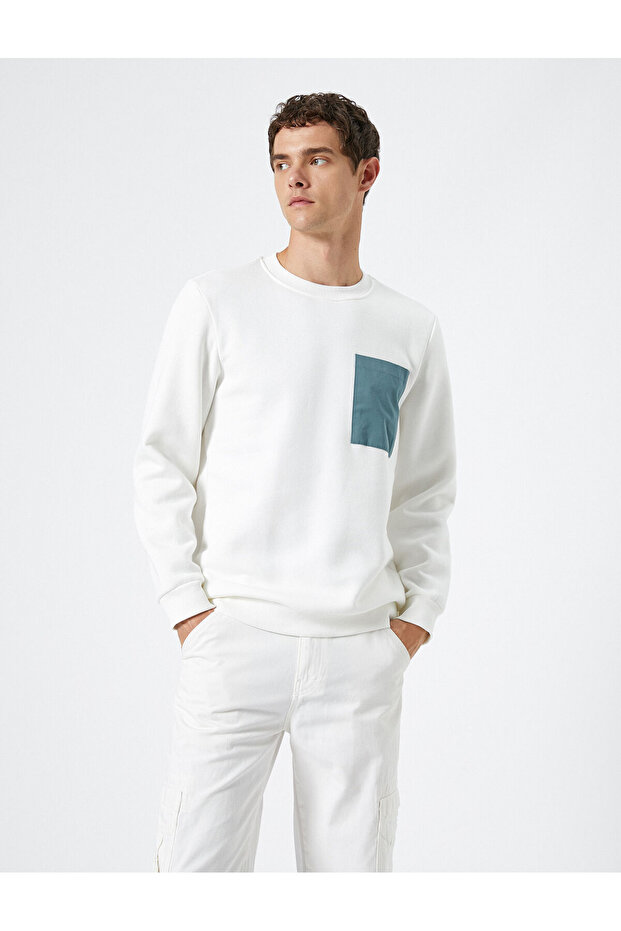 Crew Neck Sweatshirt Pocket Detailed Ribbed Long Sleeve Ribbon