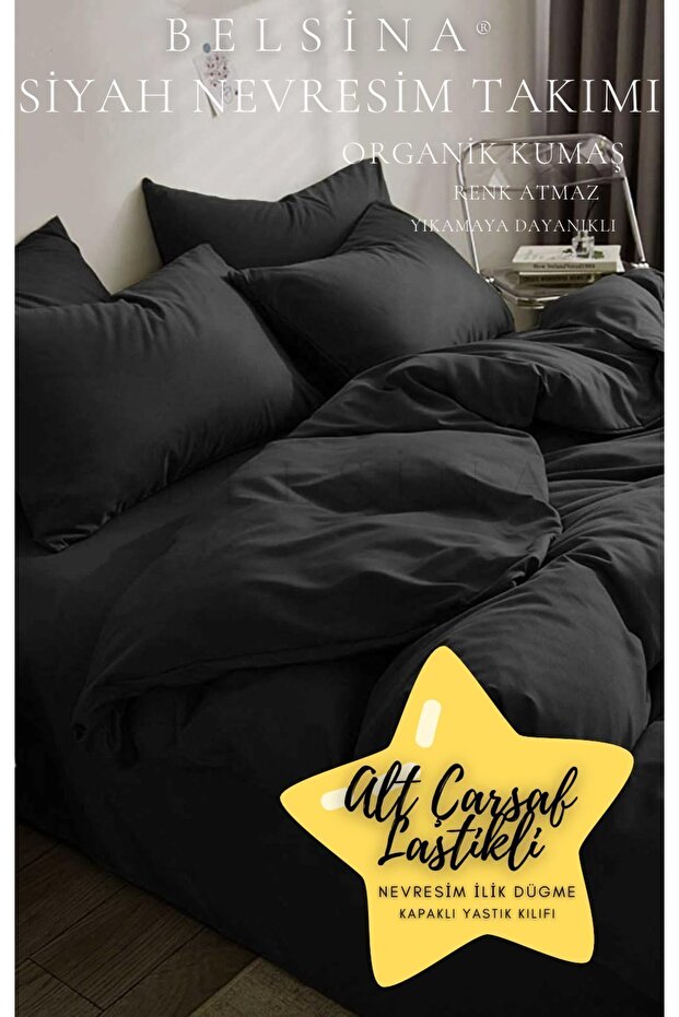 Black Organic Fabric Double Duvet Cover Set with Elastic Bottom Sheet