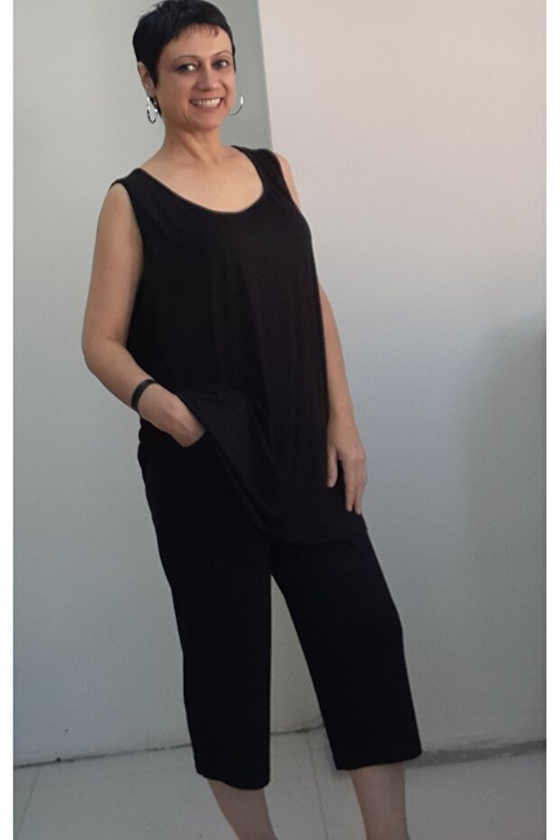 Black Strap T-Shirt Pocket Capri Casual Bottom Top Combed Cotton Viscose Pajamas Set