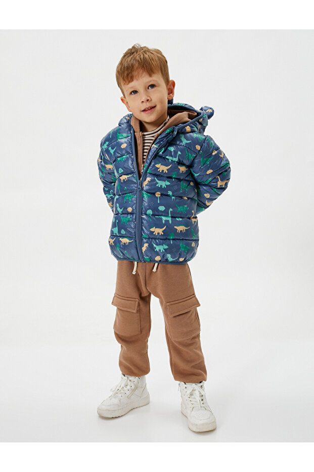 Dinosaur Puffer Jacket Quilted Hooded Zippered