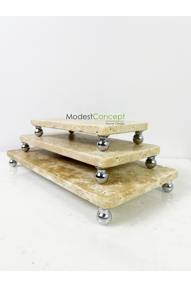 Travertine Presentation Set, Presentation Serving Set, Set of 3, Silver Ball Feet