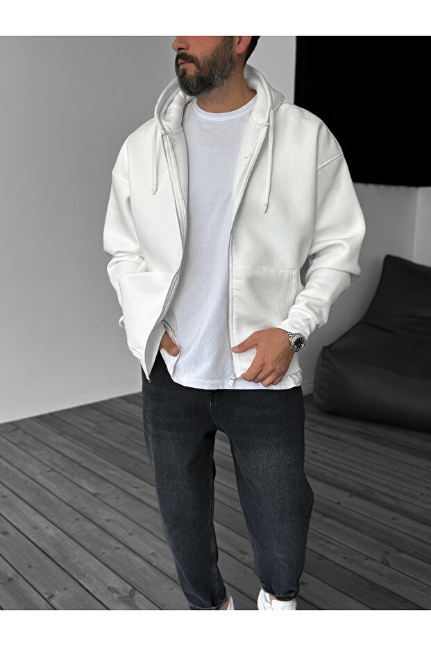Beyaz Basic Fermuarlı Kapüşonlu Sweatshirt JJ-82 - 3