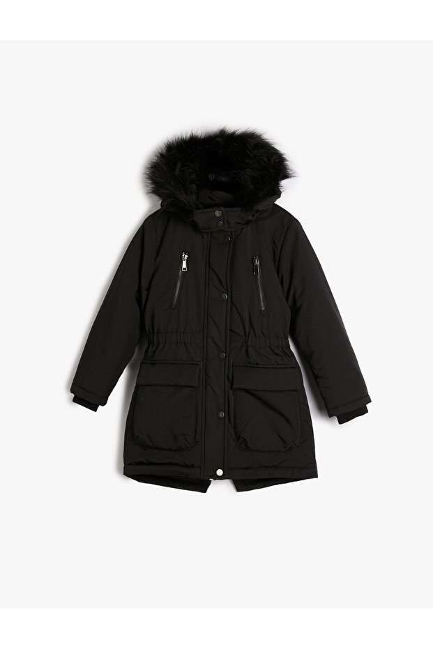 Hooded Long Puffer Jacket - Fur Pocket