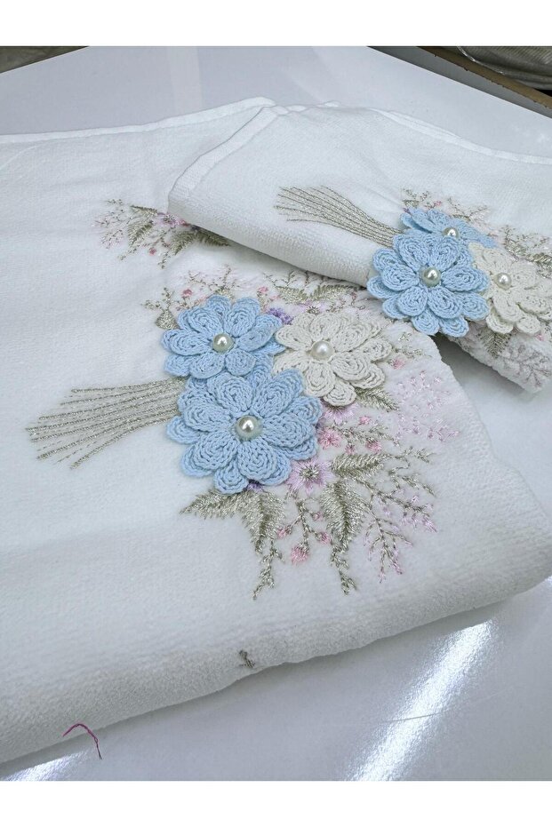 Hazangülü Bouquet Model Mother Daughter Dowry Box Embroidered Towel White