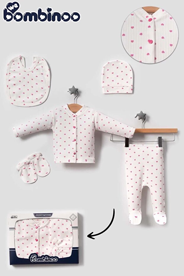 Hospital Release Newborn Cotton 5-Piece Bodysuit Set Ecru Fabric Pink Heart Boxed Casual