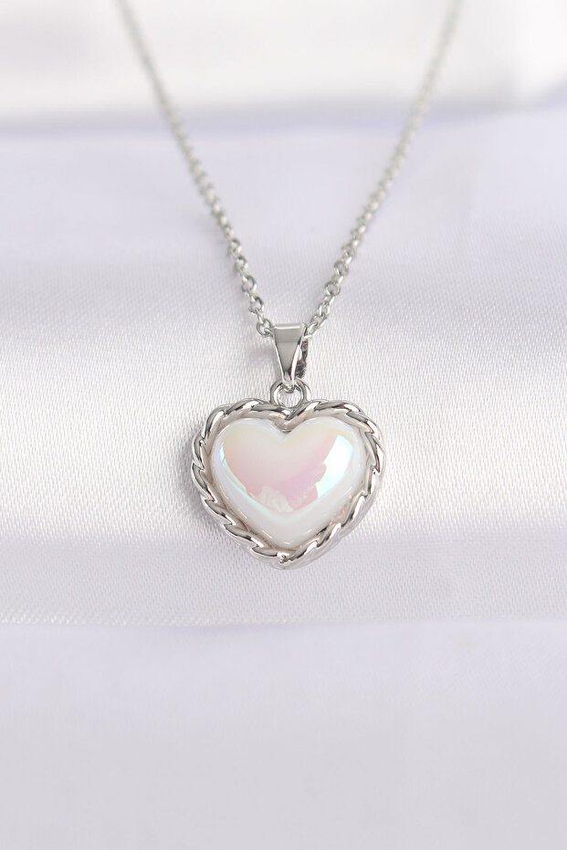 316L Steel Chain Silver Color White Stone Curved Heart Necklace