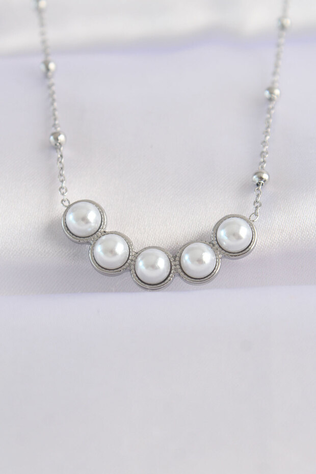 316L Steel Chain Silver Color Row Pearl and Stone Necklace