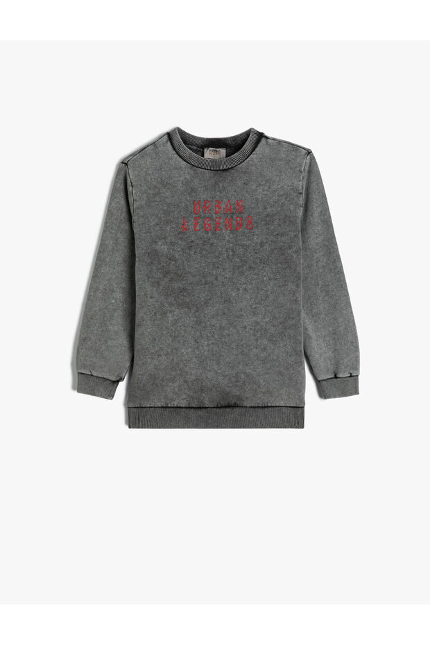 Sweat Long Sleeve Crew Neck Slogan Printed Raised Cotton