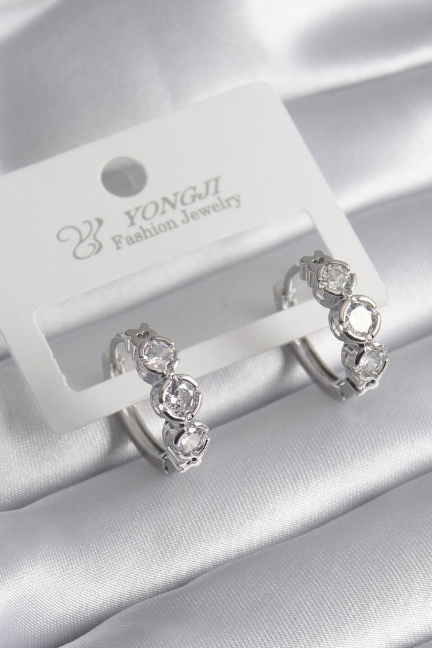 Brass Silver Color Zircon Stone Heart Detail Women's Earrings -Kp-1237