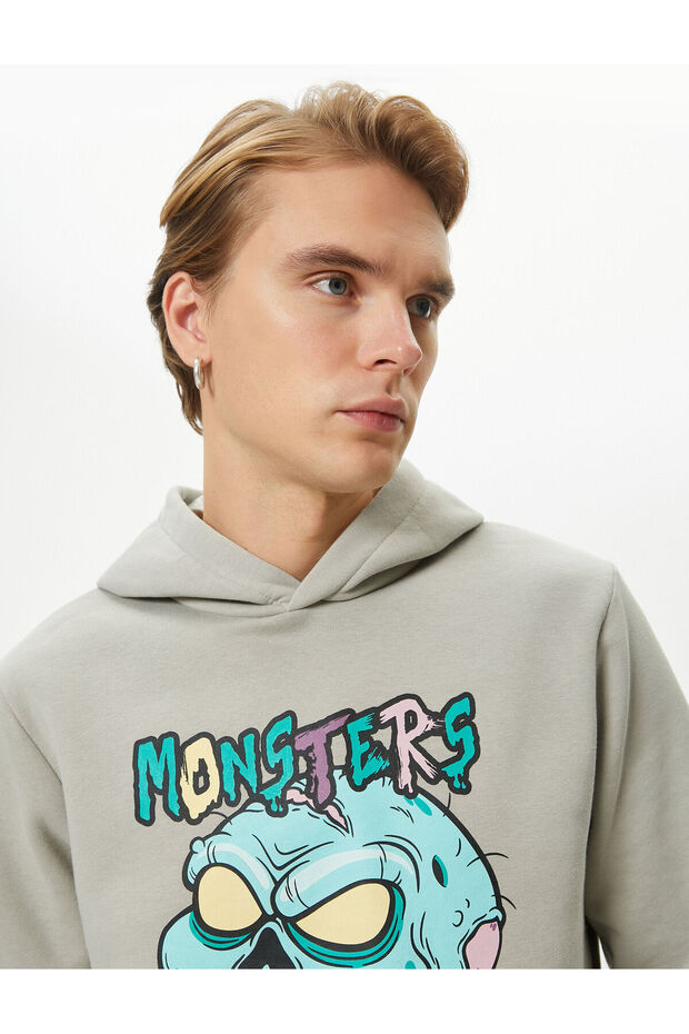 Monster Printed Hoodie Relaxed Fit Long Sleeve Ribbed
