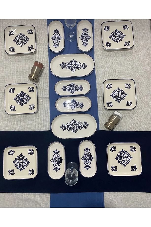 İskandinav mavi desen lüx kahvaltı seti 14 parça 6 kişilik - 1