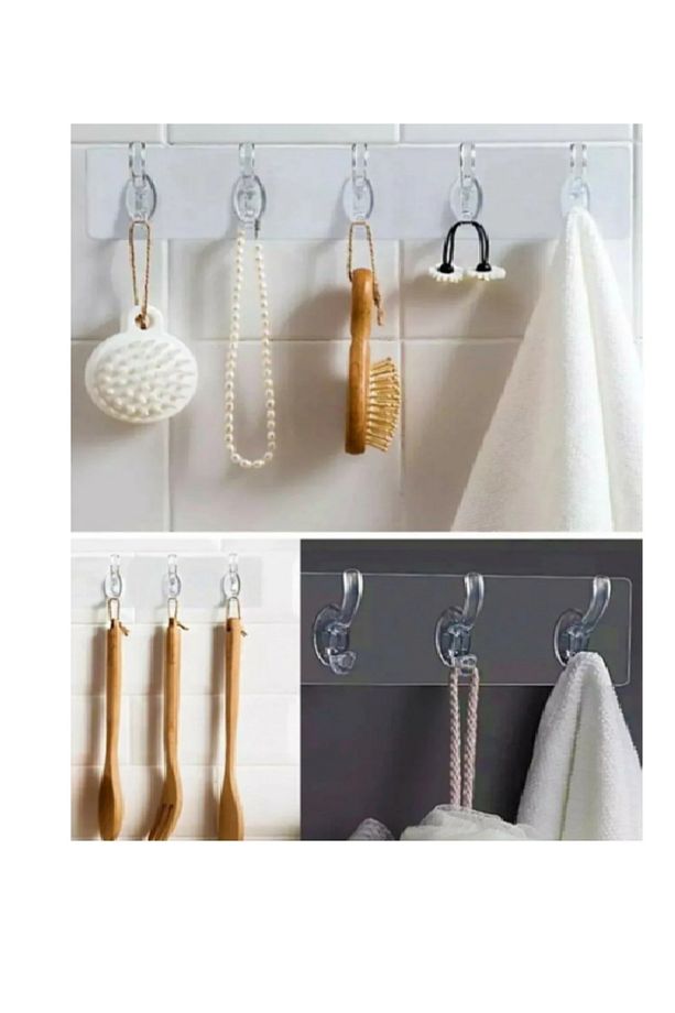 5'li Kendinden Yapışkanlı Güçlü Şeffaf Askılık - Kapı Arkası Mutfak Duvar Banyo Askı - 2