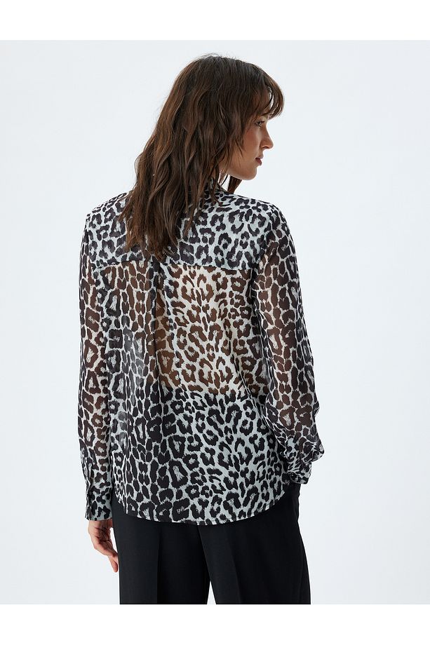 Leopar Şifon Gömlek Uzun Kollu Cep Detaylı Regular Fit - 4