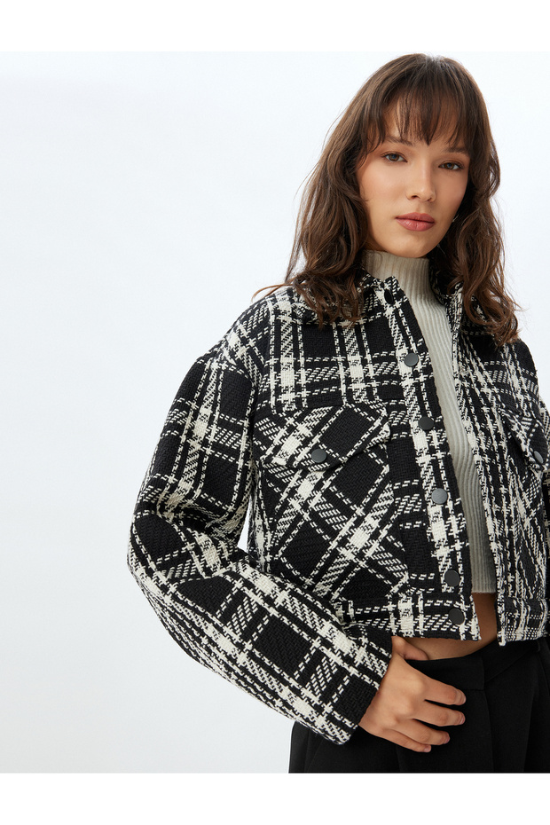 Buttoned Tweed Bomber Jacket with Flap Pocket Detail