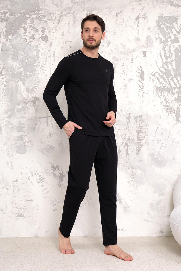 D'S Maschio %90 Pamuk %10 Elastan Omuz Detaylı Yumuşak Doku Pijama Takımı SİYAH - 1