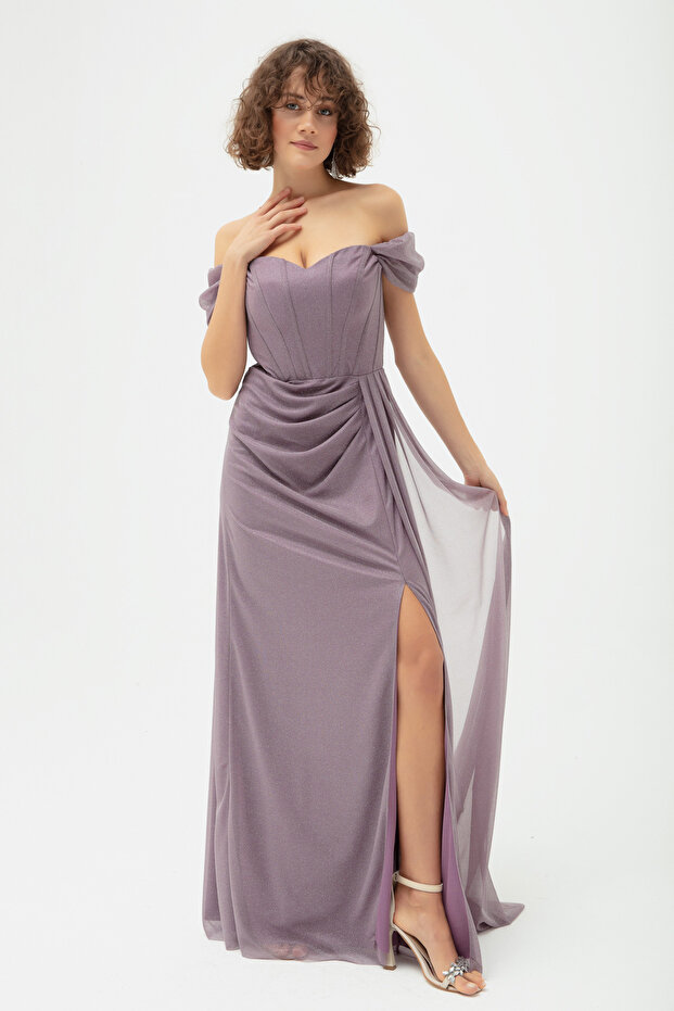 Women's Lavender Underwire Corset Detailed Silvery Long Evening Dress