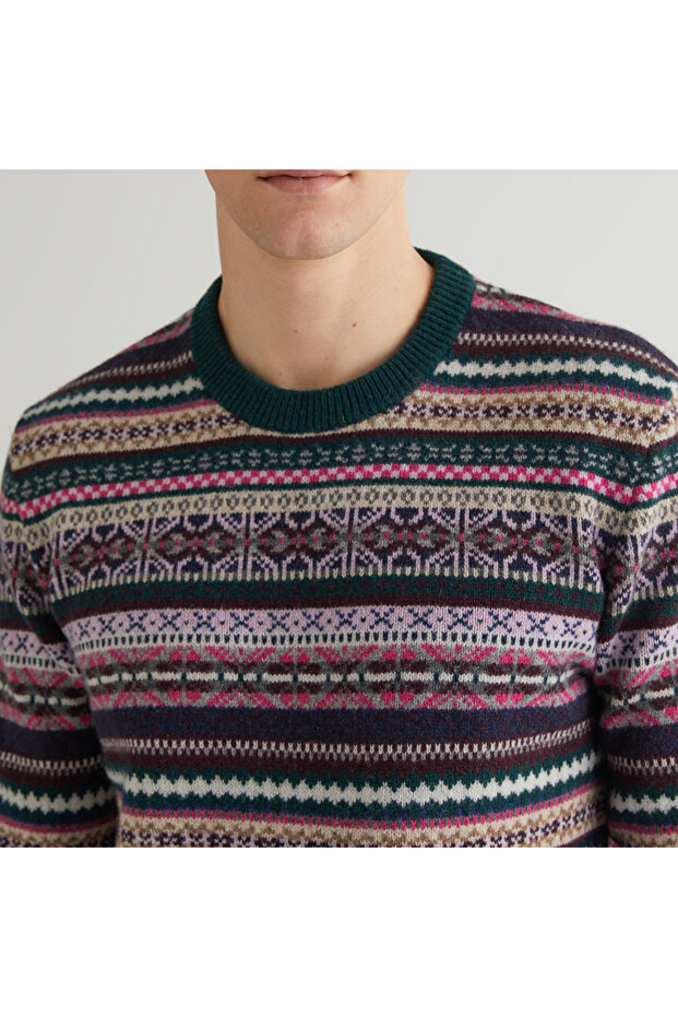 Erkek Yeşil Regular Fit Bisiklet Yaka Desenli Kazak - 4