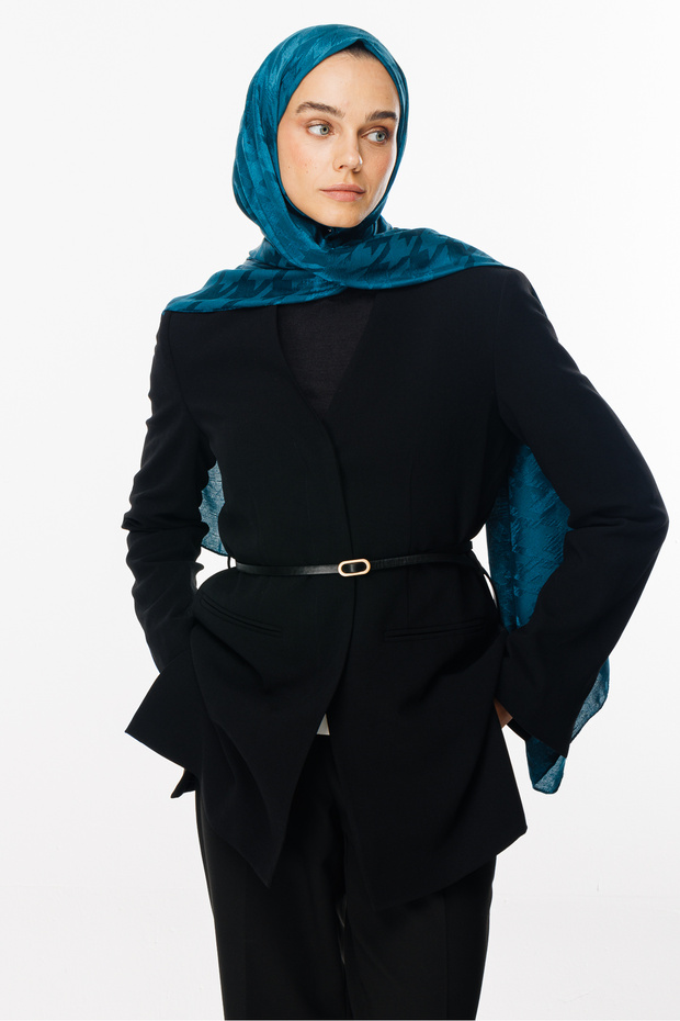 Petrol Blue Houndstooth Pattern Shiny Jacquard Shawl