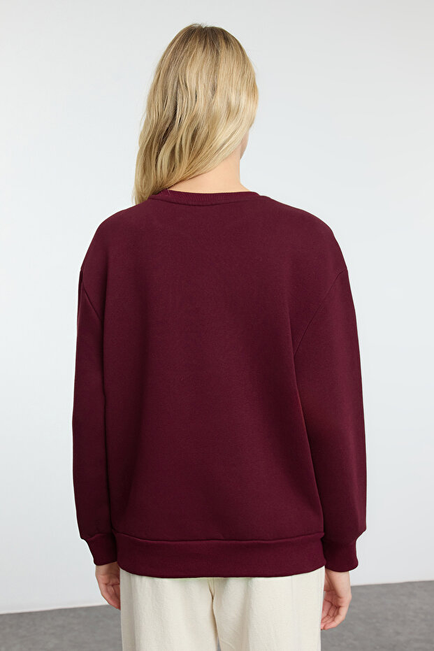 Bordo Regular/Normal Kalıp Nakışlı Kalın Örme Sweatshirt TWOAW25SW00050 - 5