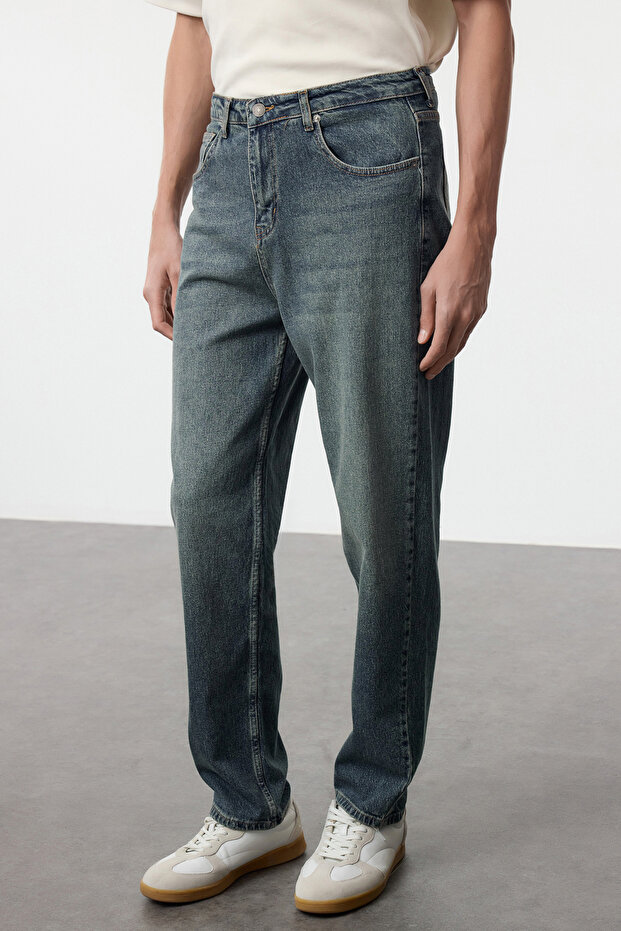 Lacivert Eskitme Efectli Baggy/90's Straight Fit Jeans Bol Kot Pantolon TMNSS24JE00012 - 1