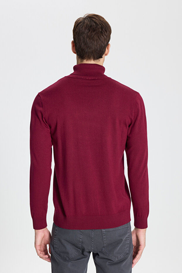 Erkek Bordo Standart Fit Normal Kesim Tam Balıkçı Yaka Triko Kazak - 5