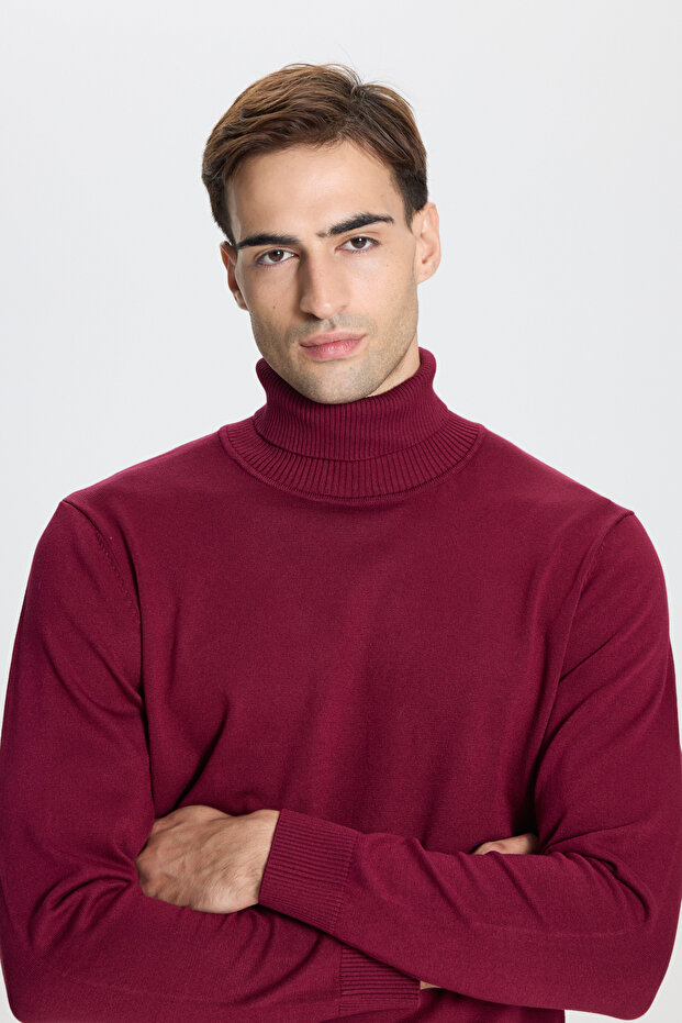 Erkek Bordo Standart Fit Normal Kesim Tam Balıkçı Yaka Triko Kazak - 3
