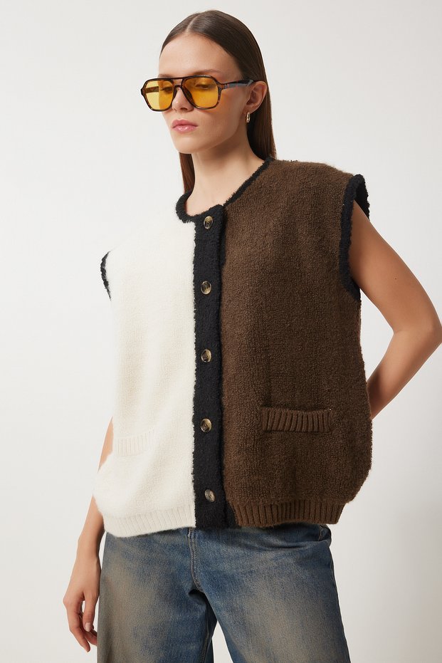 Women's Ecru Khaki Colorblock Boucle Knitwear Cardigan Dp00217