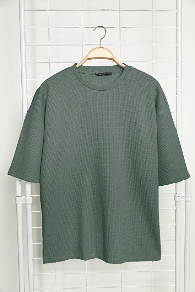 Basic Mint Oversize/Geniş Kesim Dokulu Waffle Kısa Kol T-Shirt TMNSS22TS00049 - 7