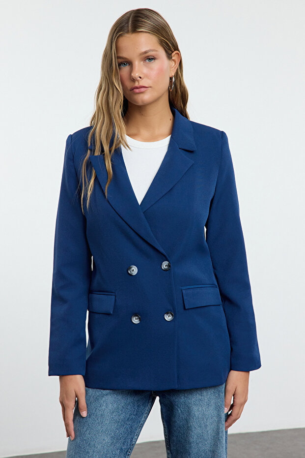 Indigo Regular Astarlı Kruvaze Kapama Dokuma Blazer Ceket TWOAW21CE0264 - 3