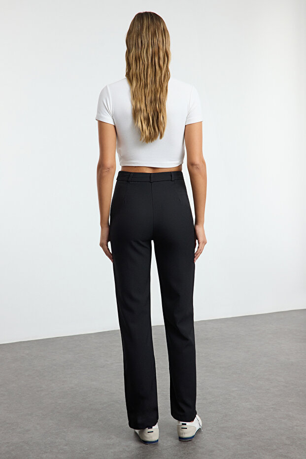 Siyah Straight/Düz Kesim Yüksek Bel Nervür Dikişli Dokuma Pantolon TWOSS21PL0093 - 8