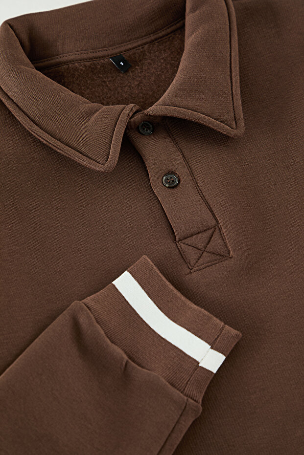 Kahverengi Regular/Normal Kesim Düğmeli Polo Yaka Kalın İçi Polarlı Sweatshirt TMNAW24SW00107 - 4