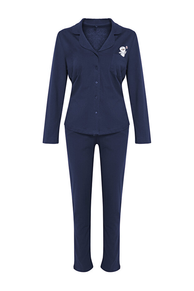 Lacivert %100 Pamuklu Penguen Baskılı Örme Pijama Takımı THMAW23PT00151 - 6