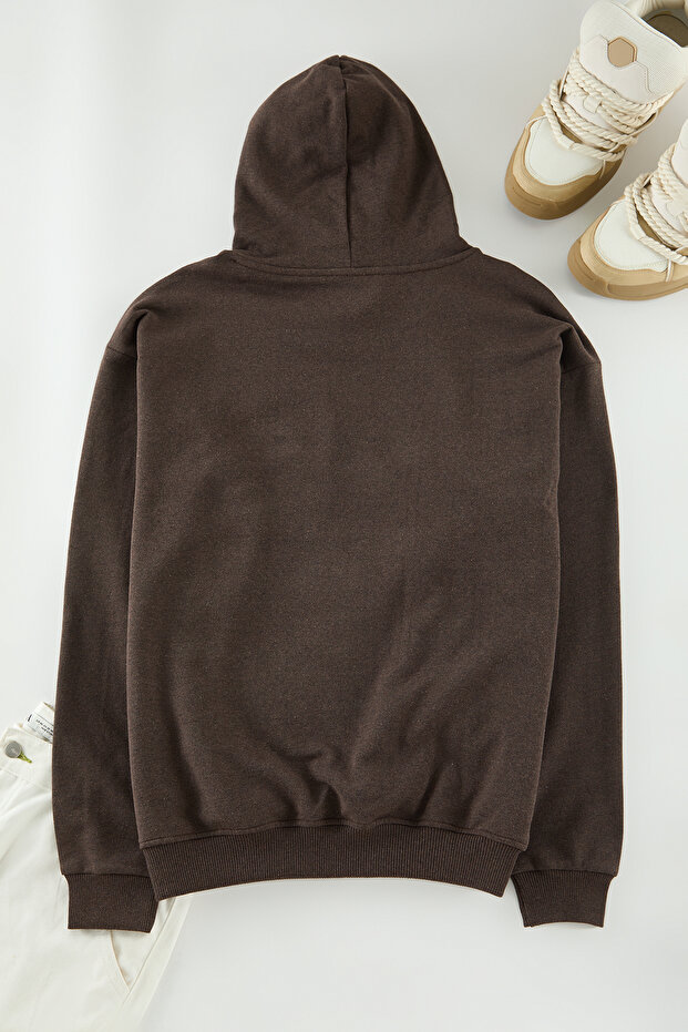 Koyu Kahverengi Oversize/Geniş Kesim İçi Polarlı Kapüşonlu Sweatshirt TMNAW25SW00115 - 4