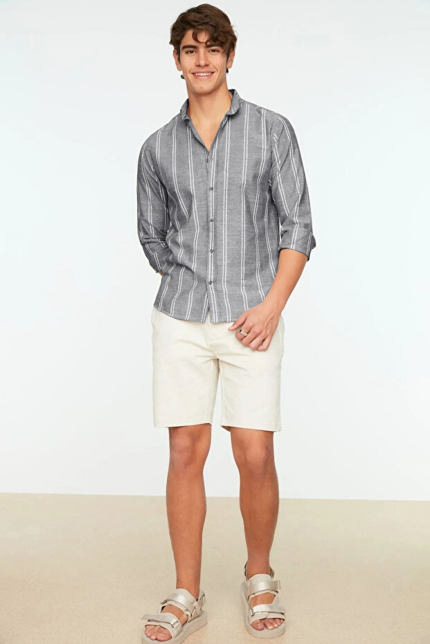 Siyah Slim Fit Düğmeli Yaka İnce Çizgili Gömlek TMNSS20GO0092 - 6