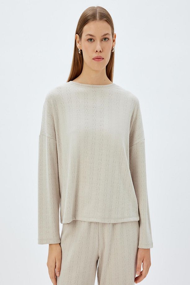 Gri Örme Pijama Üstü Saç Örgü Dokulu Bisiklet Yaka Rahat Kalıp 5WLK40083MK - 3
