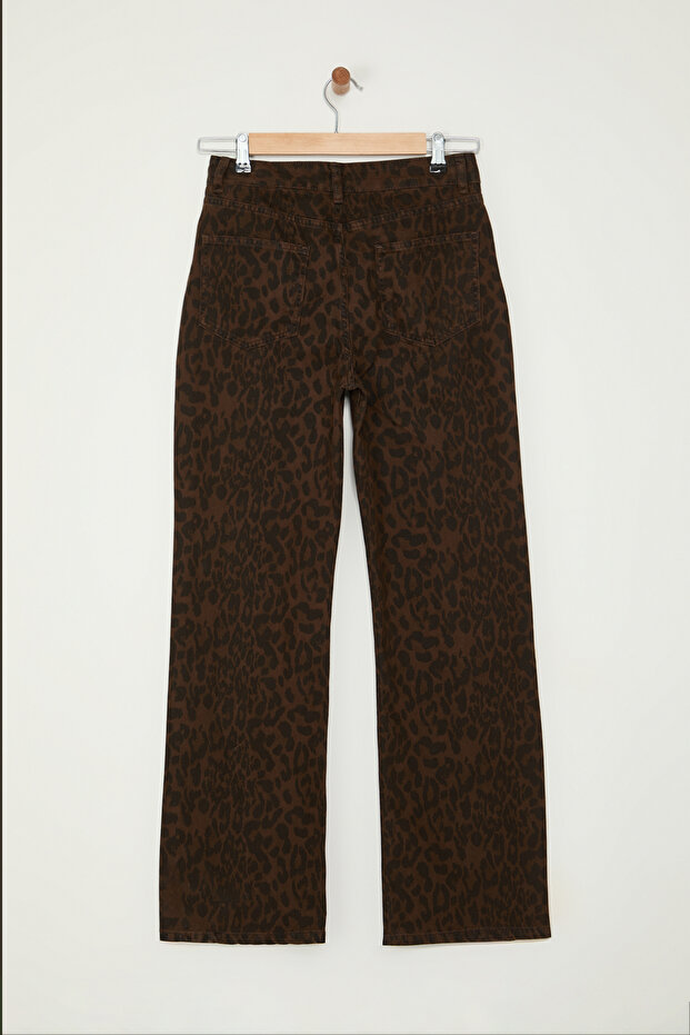 Çok Renkli Leopar Desenli Kahverengi Yüksek Bel Wide Leg Geniş Paça %100 Pamuk Jeans TWOAW25JE00260 - 7