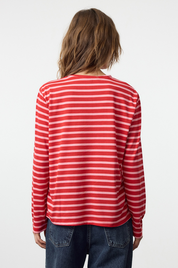 Kırmızı-Pembe Çizgili Regular/Normal Kalıp Basic Bisiklet Yaka Örme T-Shirt TWOAW23TS00002 - 5