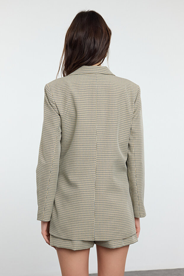 Kahverengi Kazayağı Desenli Dokuma Blazer Ceket TWOAW25BC00036 - 5