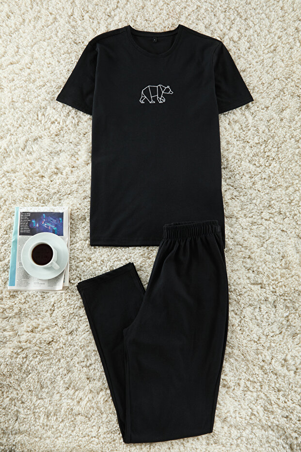 Siyah Regular Fit Nakışlı Örme Pijama Takımı TMNAW25PT00023 - 3