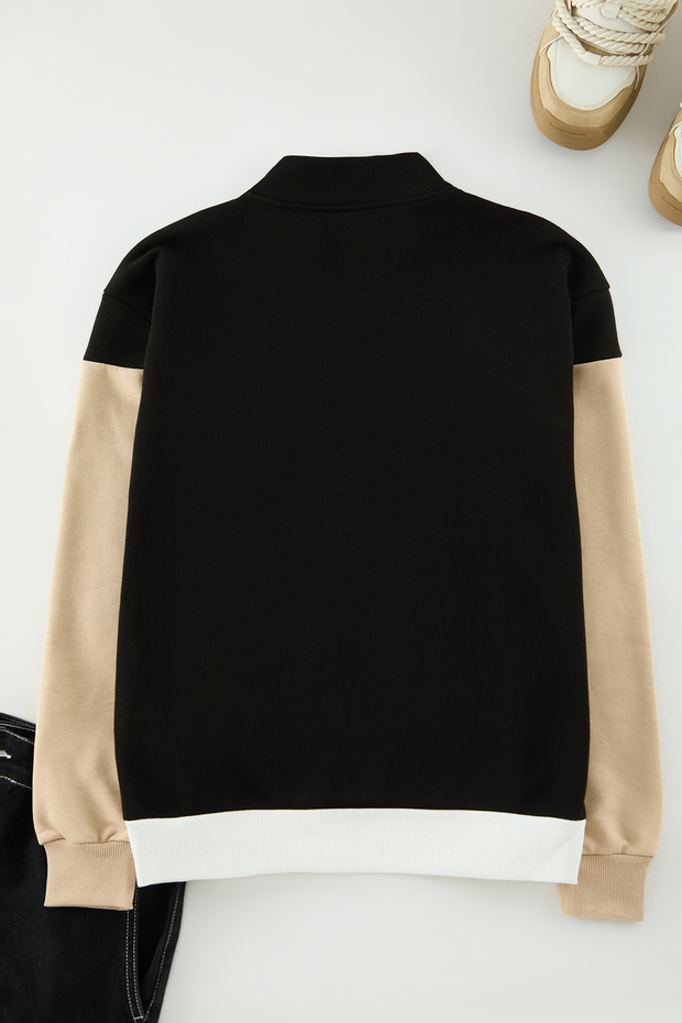 Ekru Oversize/Geniş Kesim Renk Bloklu Dik Yaka Fermuarlı Şardonsuz Sweatshirt TMNAW25SW00052 - 4