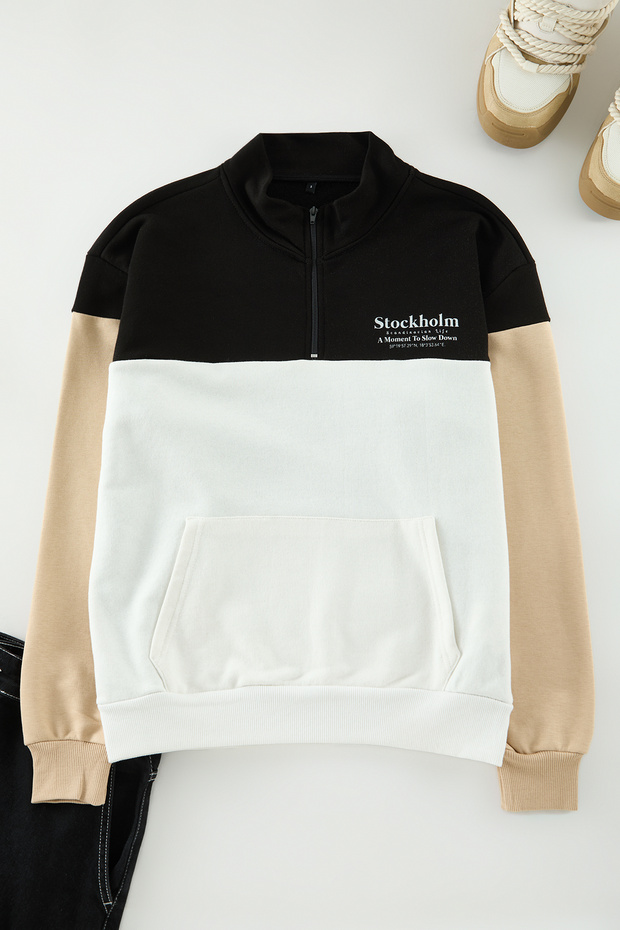 Ekru Oversize/Geniş Kesim Renk Bloklu Dik Yaka Fermuarlı Şardonsuz Sweatshirt TMNAW25SW00052 - 2