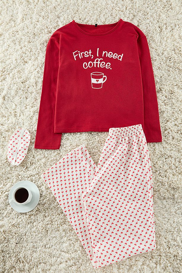 Kırmızı Pamuklu Kalpli Slogan Baskılı Uyku Bantlı Örme Pijama Takımı THMAW25PT00223 - 1