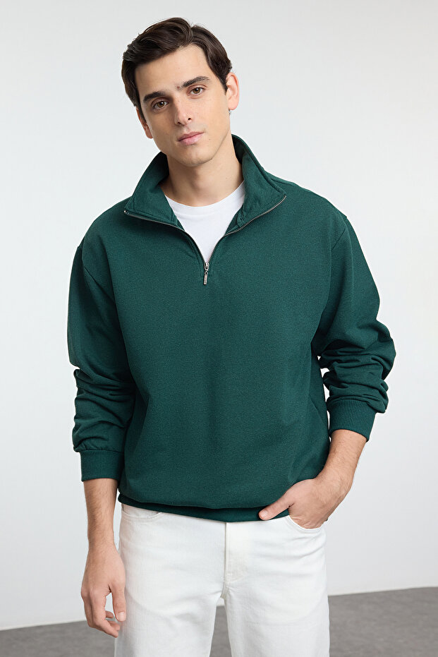 Zümrüt Oversize/Geniş Kesim Dik Yaka Fermuarlı Etiketli İçi Polarlı Sweatshirt TMNAW25SW00168 - 2