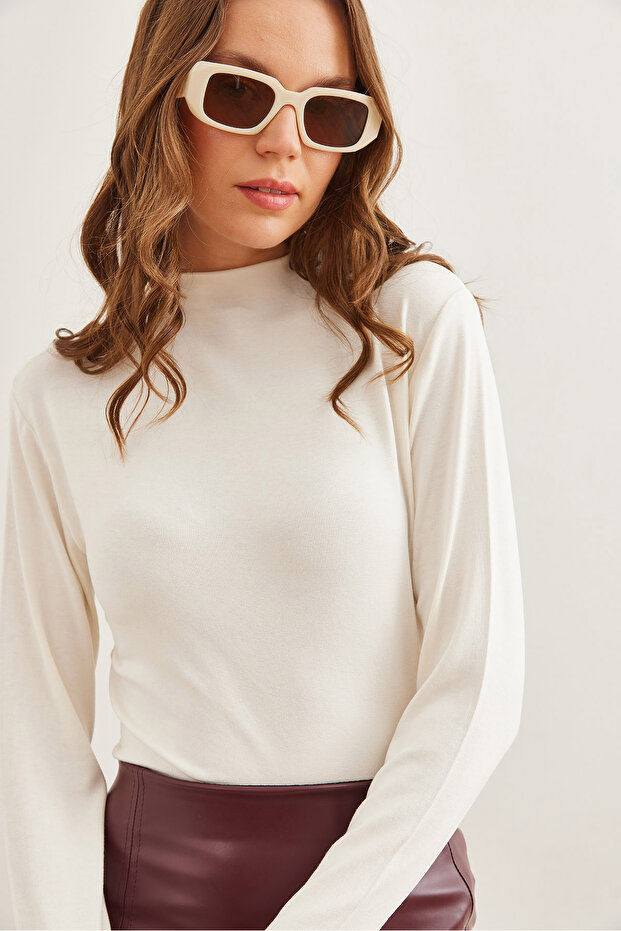Women's Ecru Stand Collar Flowing Soft Touch Blouse Blz- 19002758