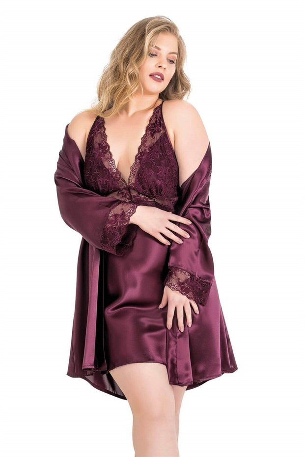 Plus Size Plum Short Double Satin Dressing Gown Nightgown Set 6162