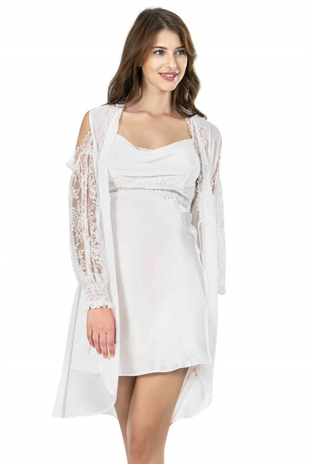 Ecru Satin Short Double Dressing Gown and Nightgown Set - 7625