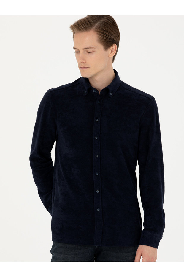 Navy Blue Regular Fit Long Sleeve Velvet Shirt 50276943-Vr033